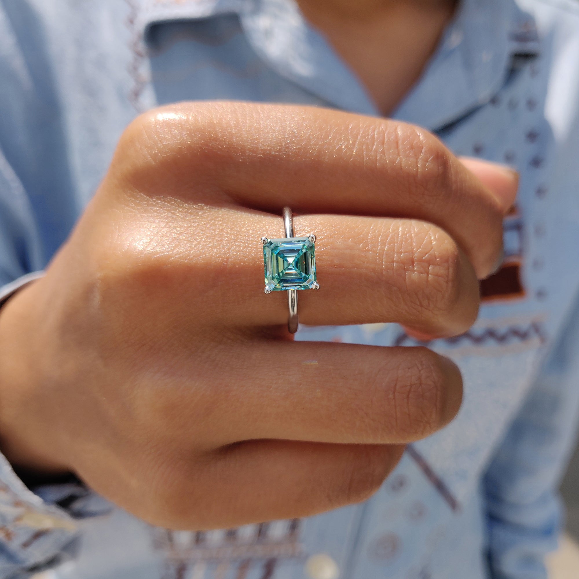 Cyan Blue Asscher Cut Solitaire Ring Main image