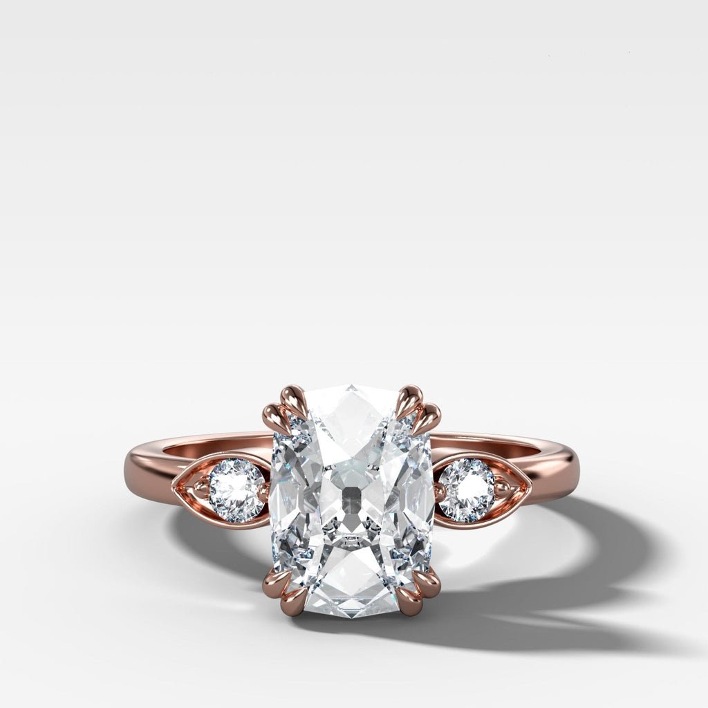 Vintage Ridge Shank Diamond Engagement Ring With Elongated Old Mine Cut Diamond