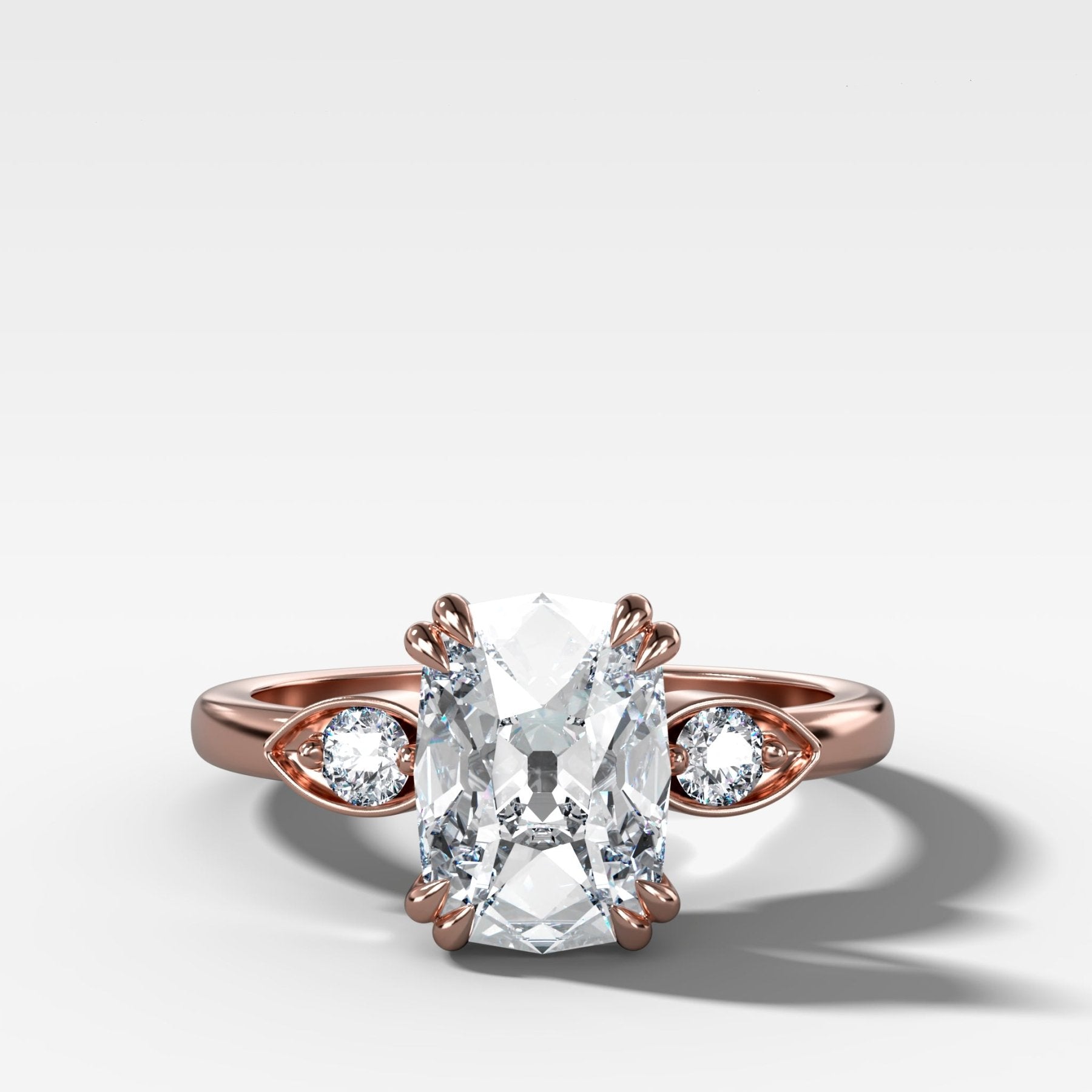 Vintage Ridge Shank Diamond Engagement Ring With Elongated Old Mine Cut Diamond