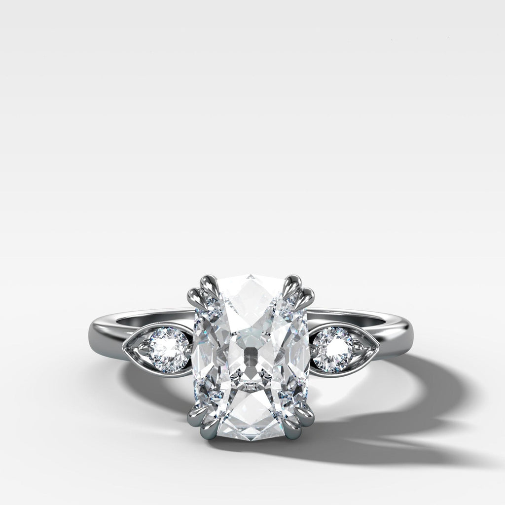 Vintage Ridge Shank Diamond Engagement Ring With Elongated Old Mine Cut Diamond