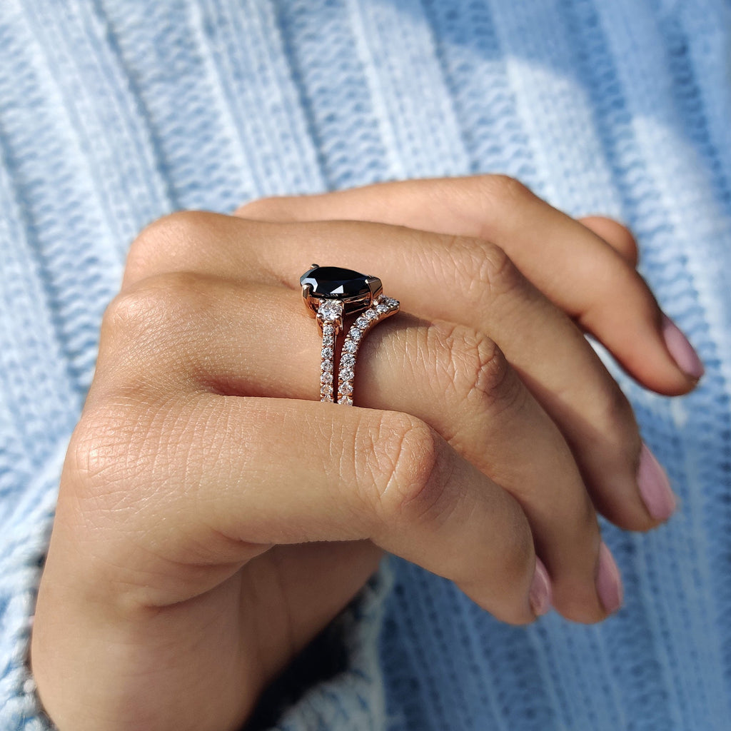 Black Pear Engagement Ring With Curved Wedding Band