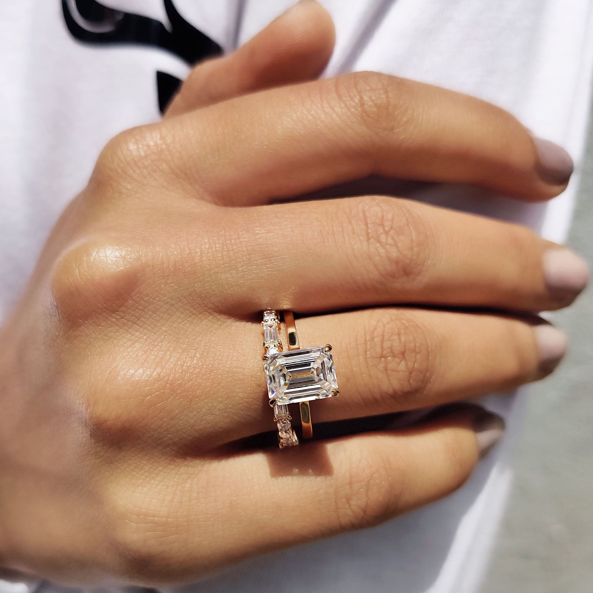Hidden Halo Emerald Cut Engagement Ring With Eternity Band