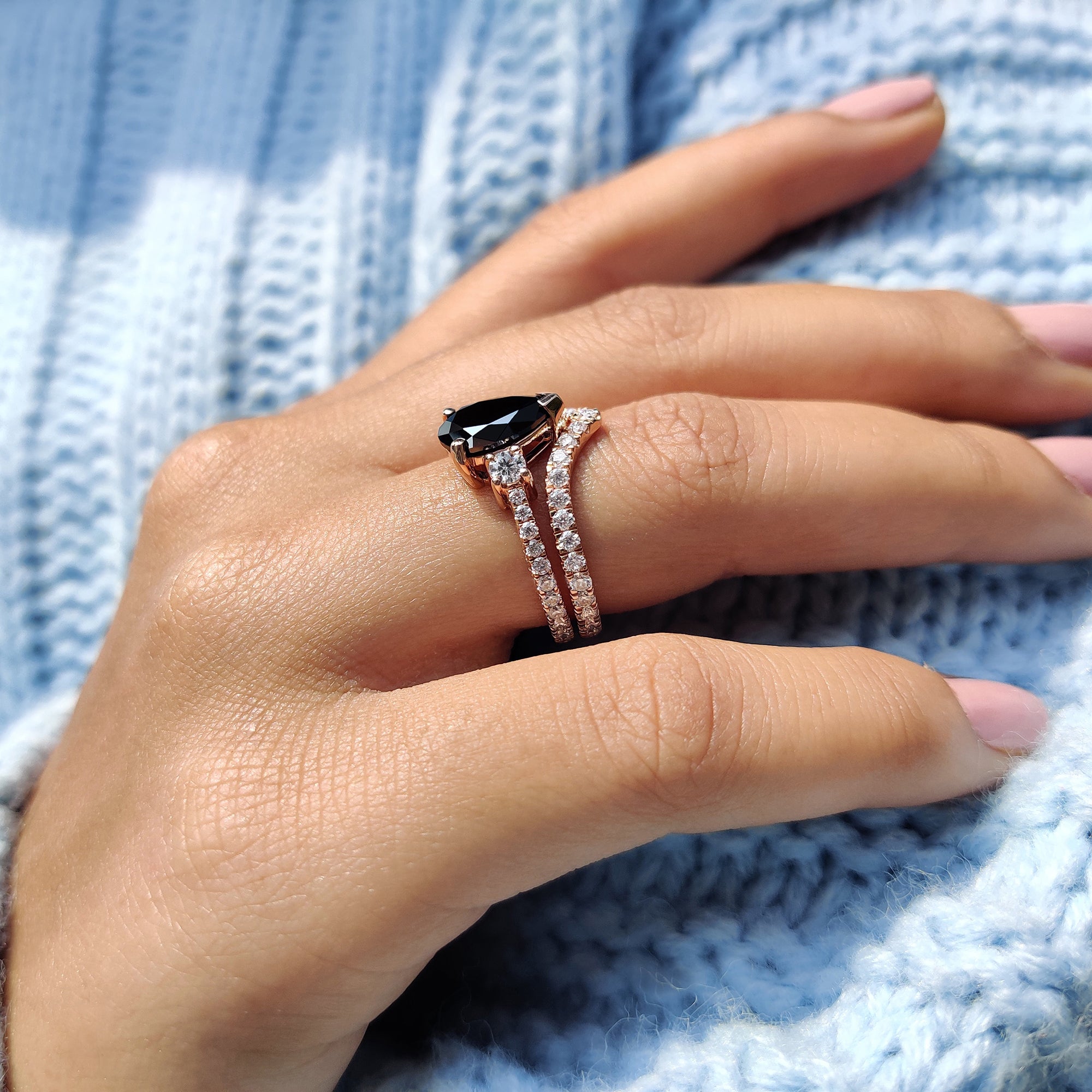 Black Pear Engagement Ring With Curved Wedding Band