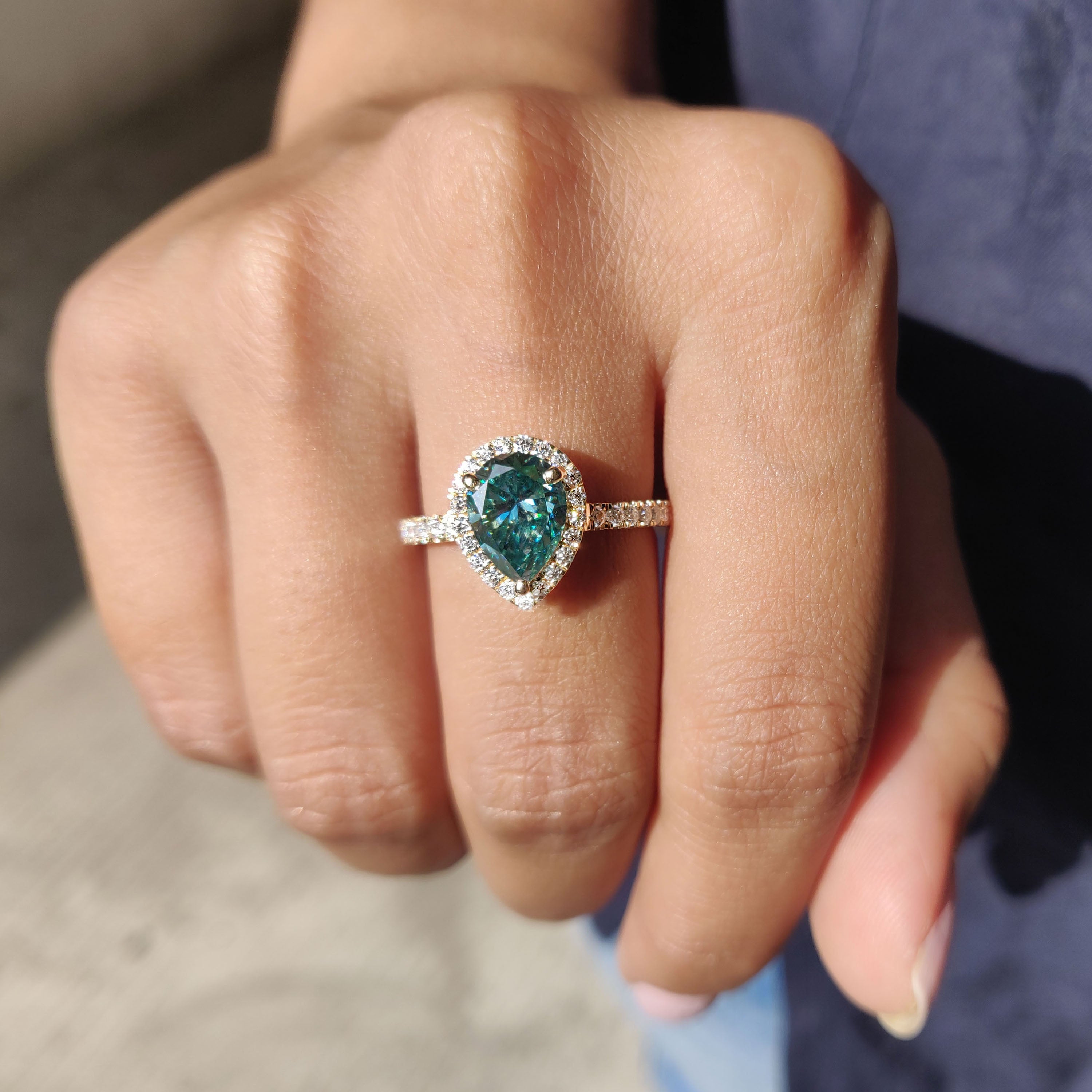 Cyan Blue Pear Cut Engagement Ring In Halo Style
