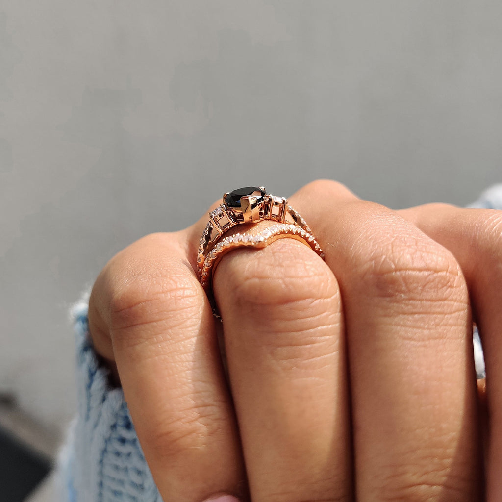 Black Pear Engagement Ring With Curved Wedding Band
